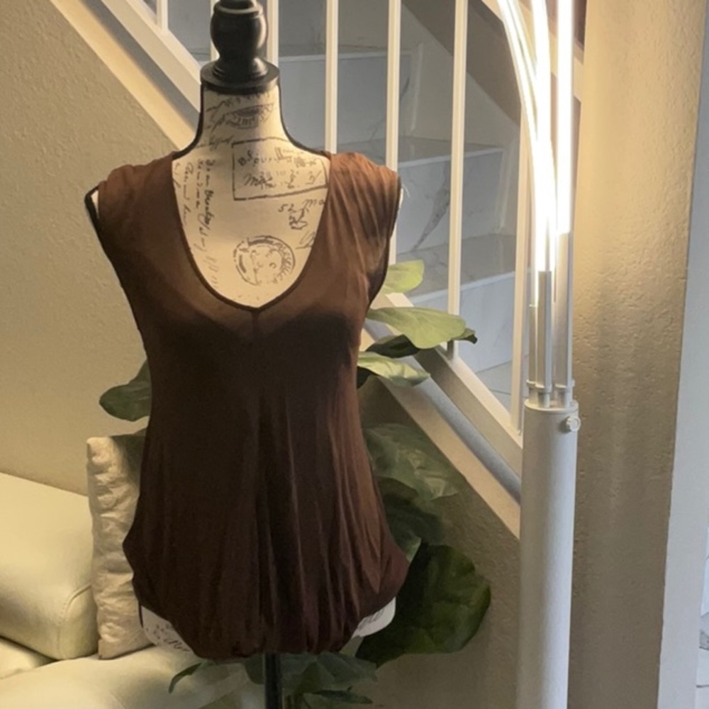 Theory chocolate brown bubble sleeveless top with cami lining.  Size S